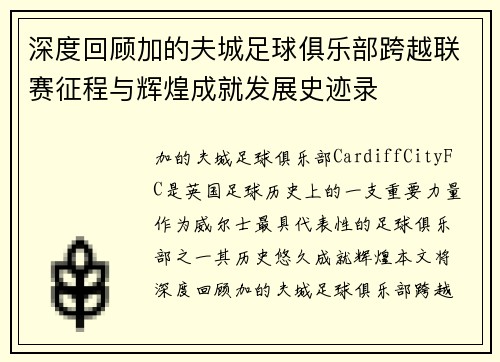 深度回顾加的夫城足球俱乐部跨越联赛征程与辉煌成就发展史迹录