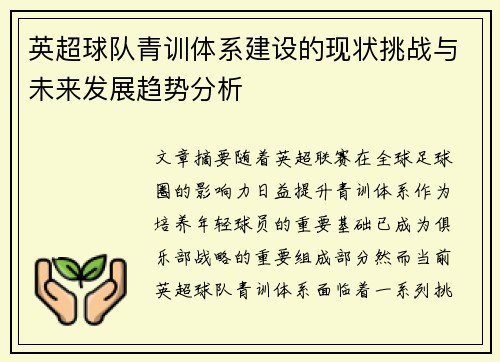 英超球队青训体系建设的现状挑战与未来发展趋势分析